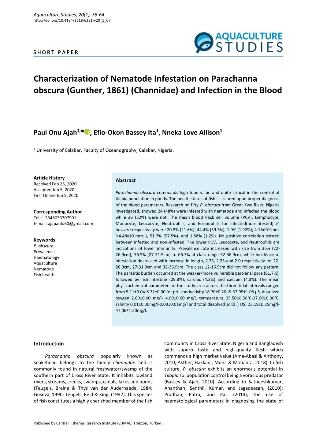 Characterization of Nematode Infestation on Parachanna Obscura (Gunther, 1861) (Channidae) and Infection in the Blood