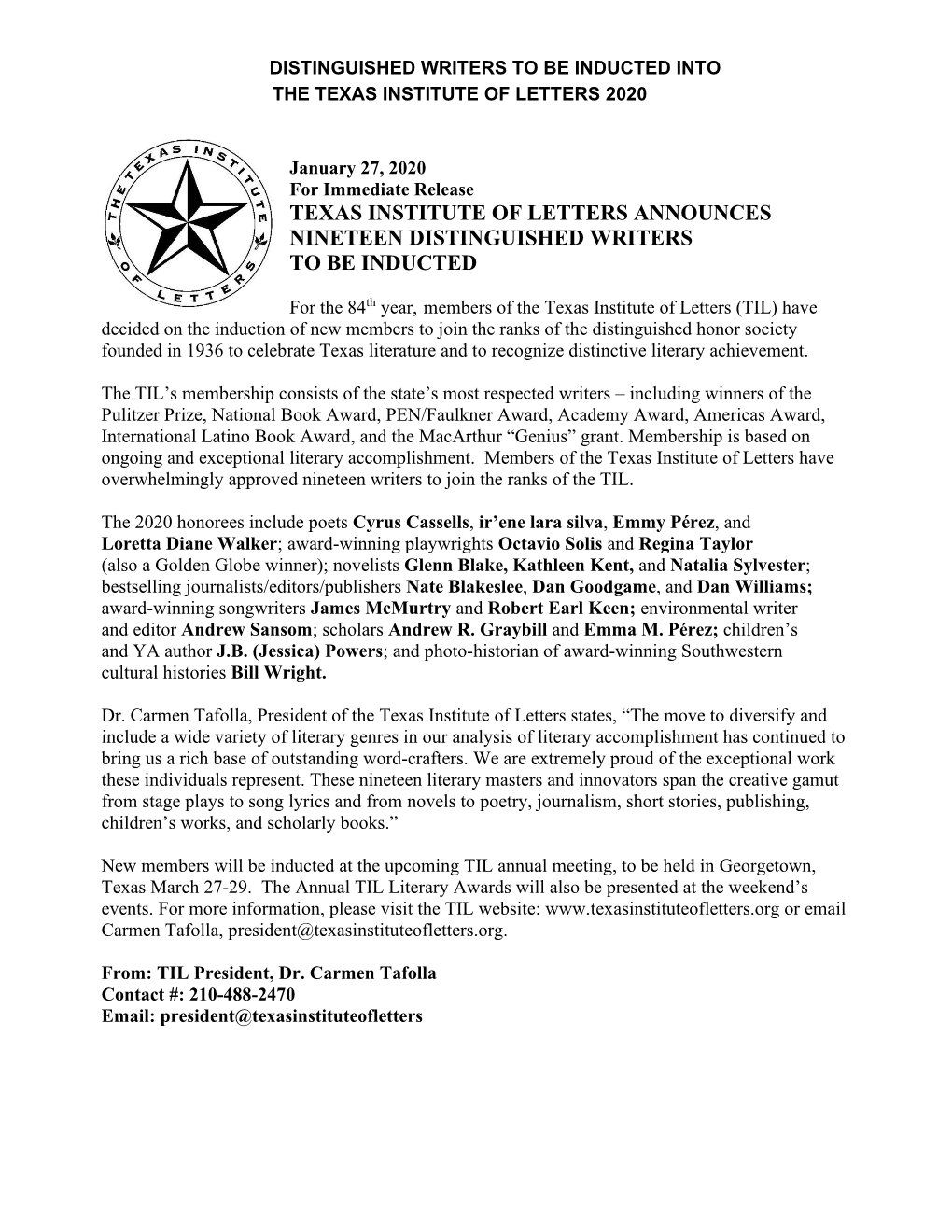 Texas Institute of Letters Announces Nineteen Distinguished Writers to Be Inducted