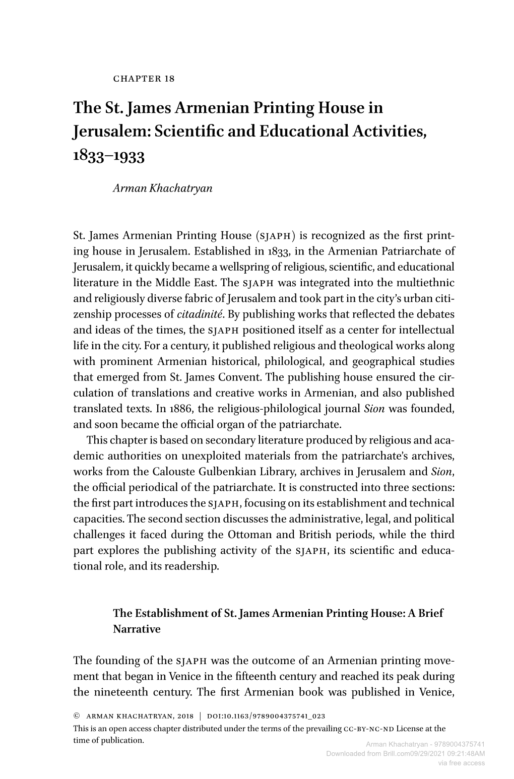 The St. James Armenian Printing House in Jerusalem: Scientific and Educational Activities, 1833–1933