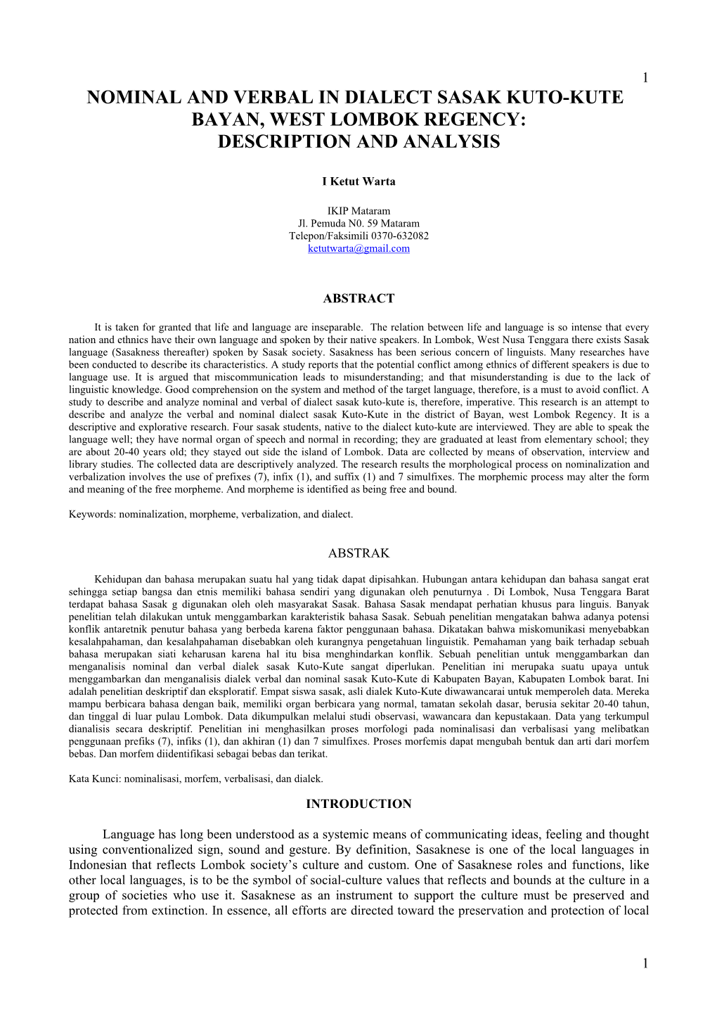 Nominal and Verbal in Dialect Sasak Kuto-Kute Bayan, West Lombok Regency: Description and Analysis