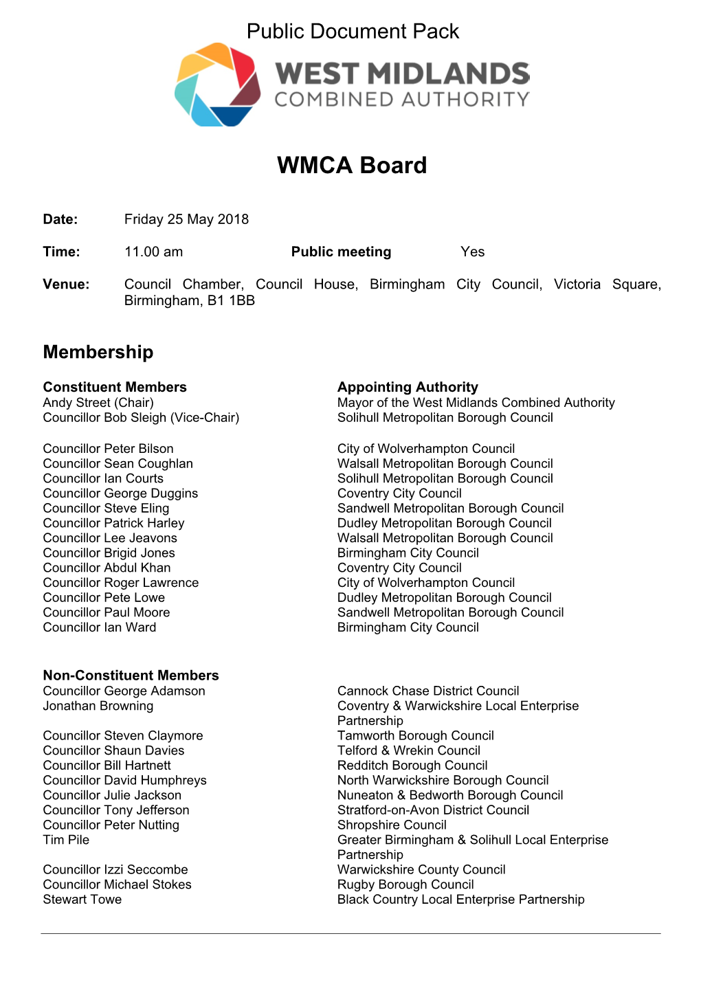 (Public Pack)Agenda Document for WMCA Board, 25/05/2018 11:00