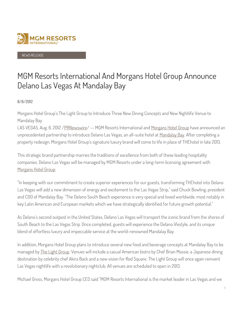 MGM Resorts International and Morgans Hotel Group Announce Delano Las Vegas at Mandalay Bay