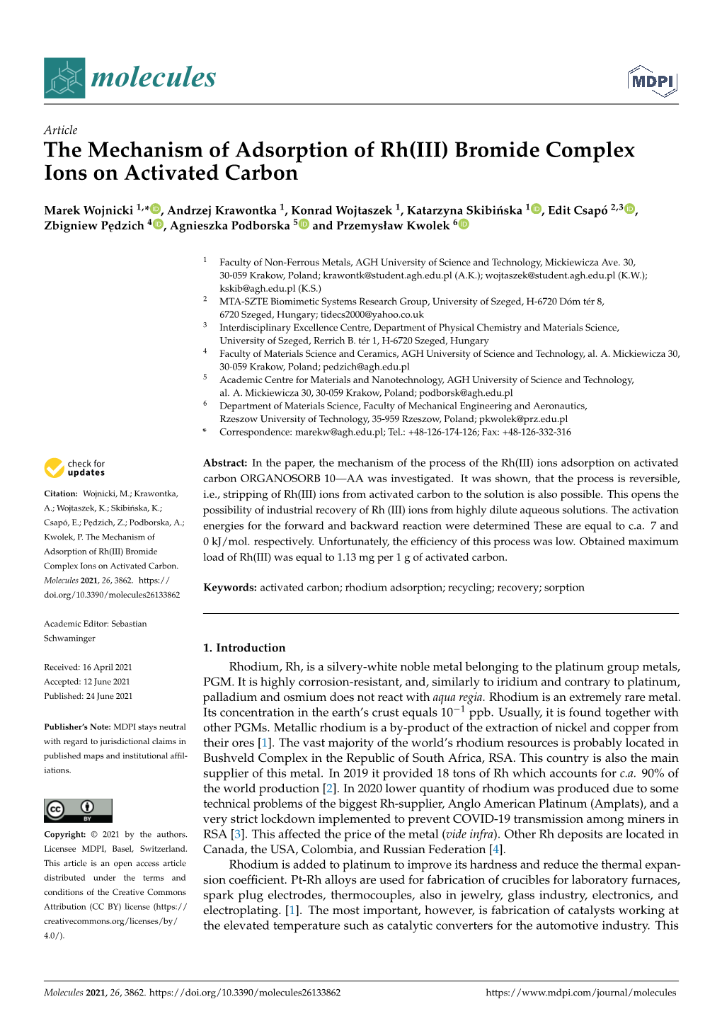 The Mechanism of Adsorption of Rh(III) Bromide Complex Ions on Activated Carbon