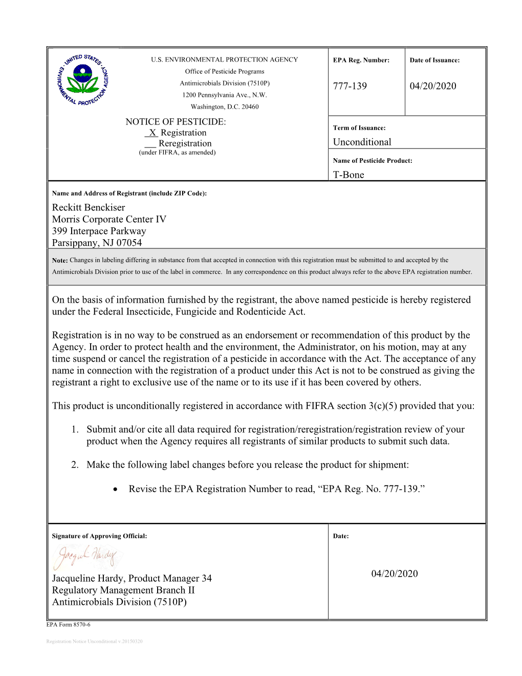 US EPA, Pesticide Product Label, T-Bone,04/20/2020