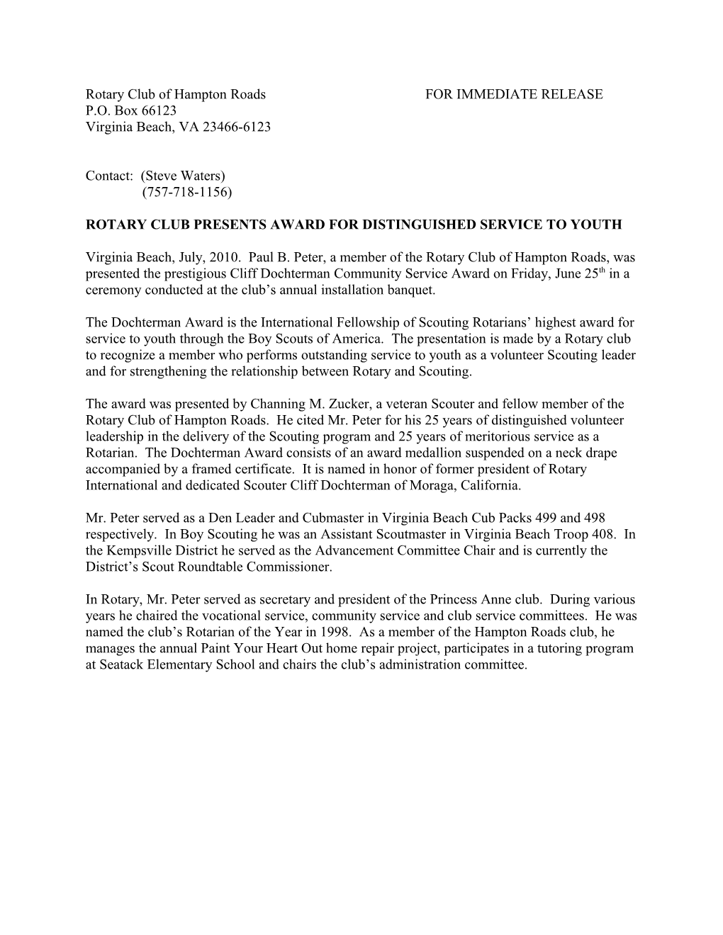 Rotary Club of Hampton Roads for IMMEDIATE RELEASE