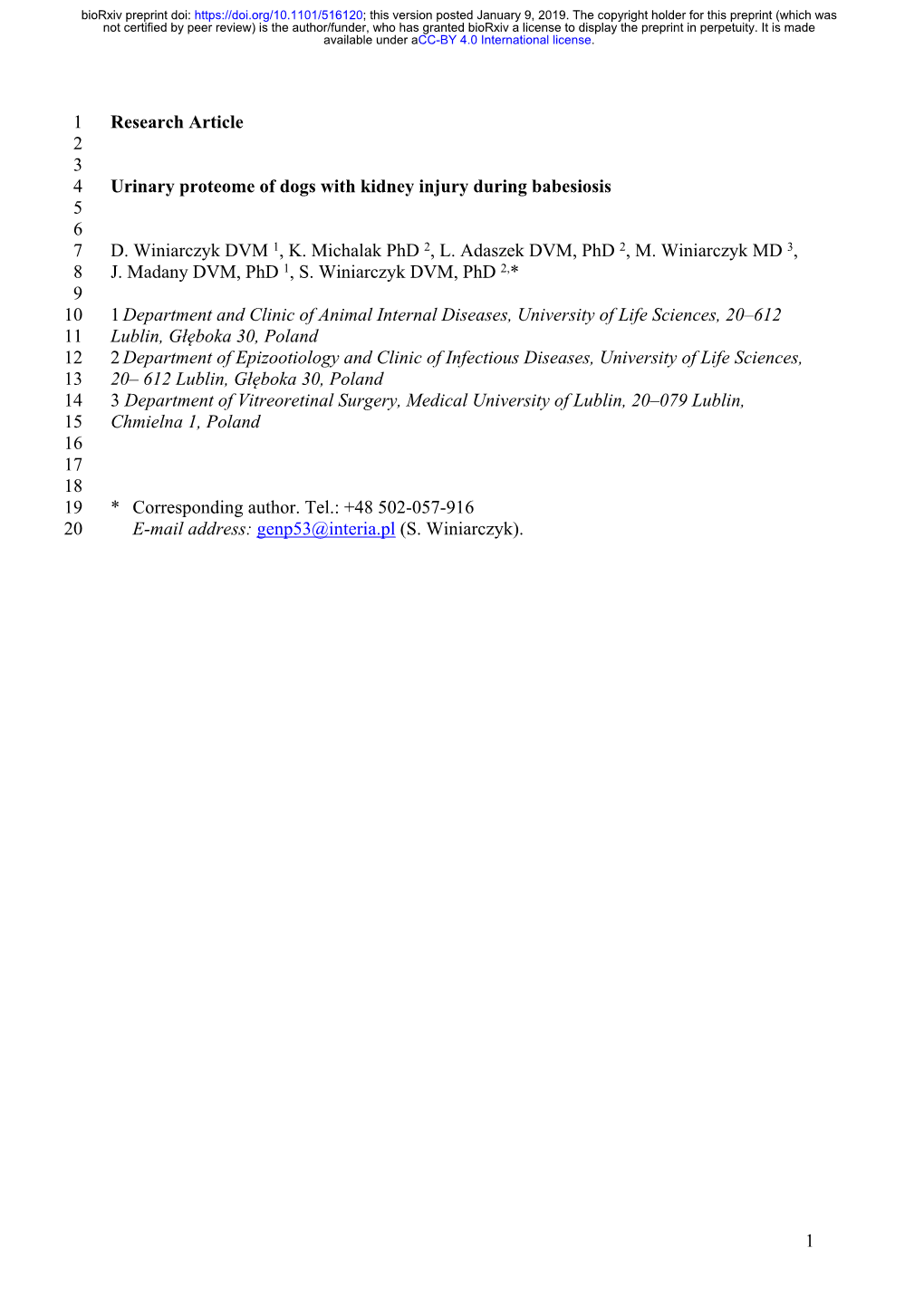 Urinary Proteome of Dogs with Kidney Injury During Babesiosis 5 6 7 D