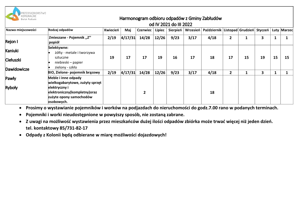 Harmonogram Odbioru Odpadów Z Gminy Zabłudów 2021 2022