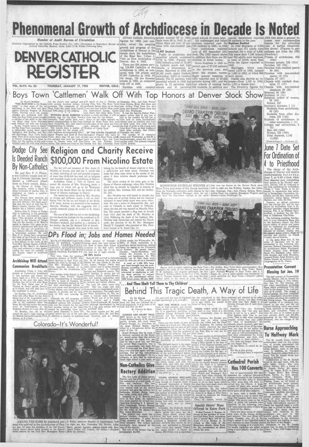 DENVER CATHOLIC 1952 Indicate a Total of 15,497 Seven Hospitals in 1942 Re­ Twice the Figure Reported in Diocesan Priests, 126 (124) There Are 254 Priests Serv­ 1942