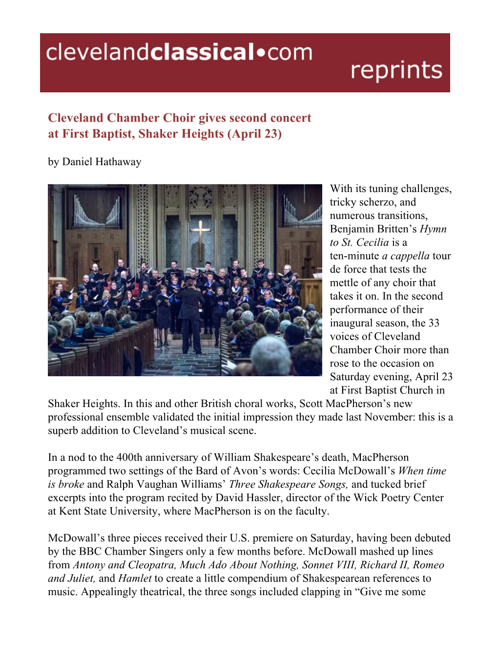 Cleveland Chamber Choir Gives Second Concert at First Baptist, Shaker Heights (April 23) by Daniel Hathaway