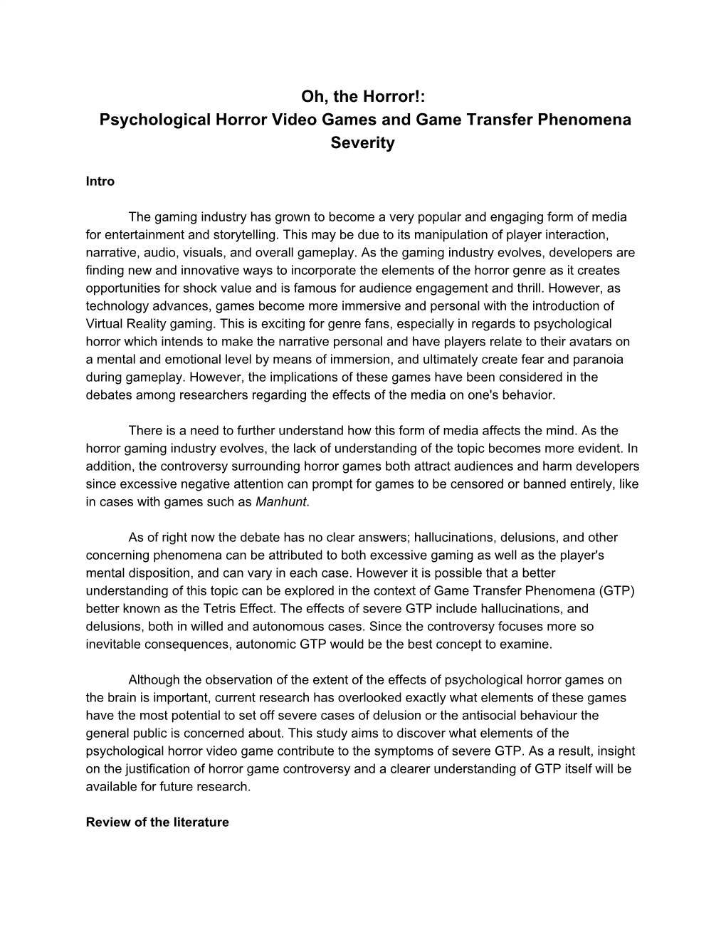 Psychological Horror Video Games and Game Transfer Phenomena Severity