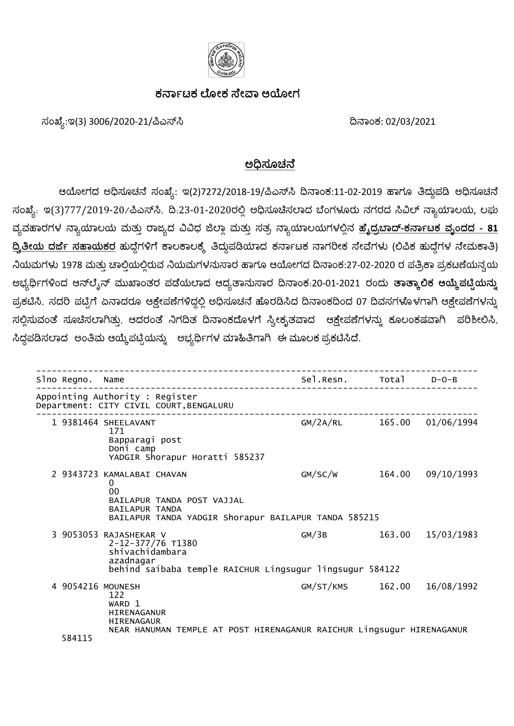 ಸಂಖ್ಯೆ:ಇ(3) 3006/2020-21/ಪಿಎಸ್ಸಿ ದಿನ ಂಕ: 02/03/2021