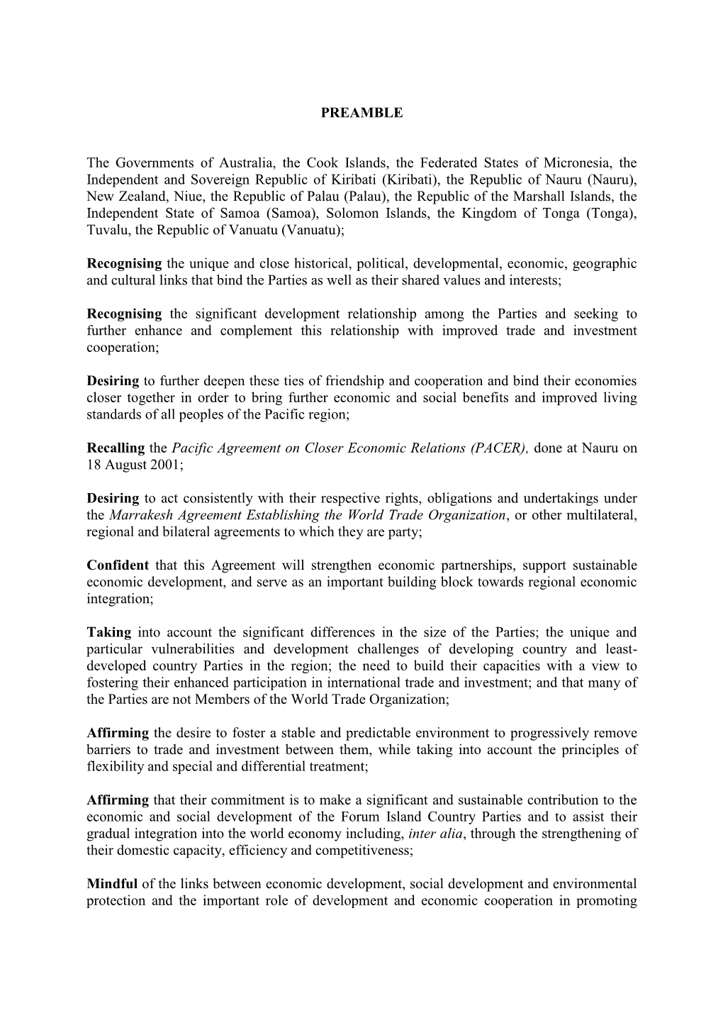 PREAMBLE the Governments of Australia, the Cook Islands, The