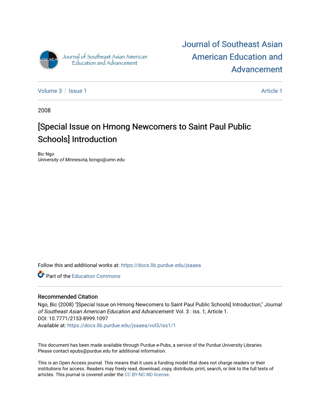 Special Issue on Hmong Newcomers to Saint Paul Public Schools] Introduction