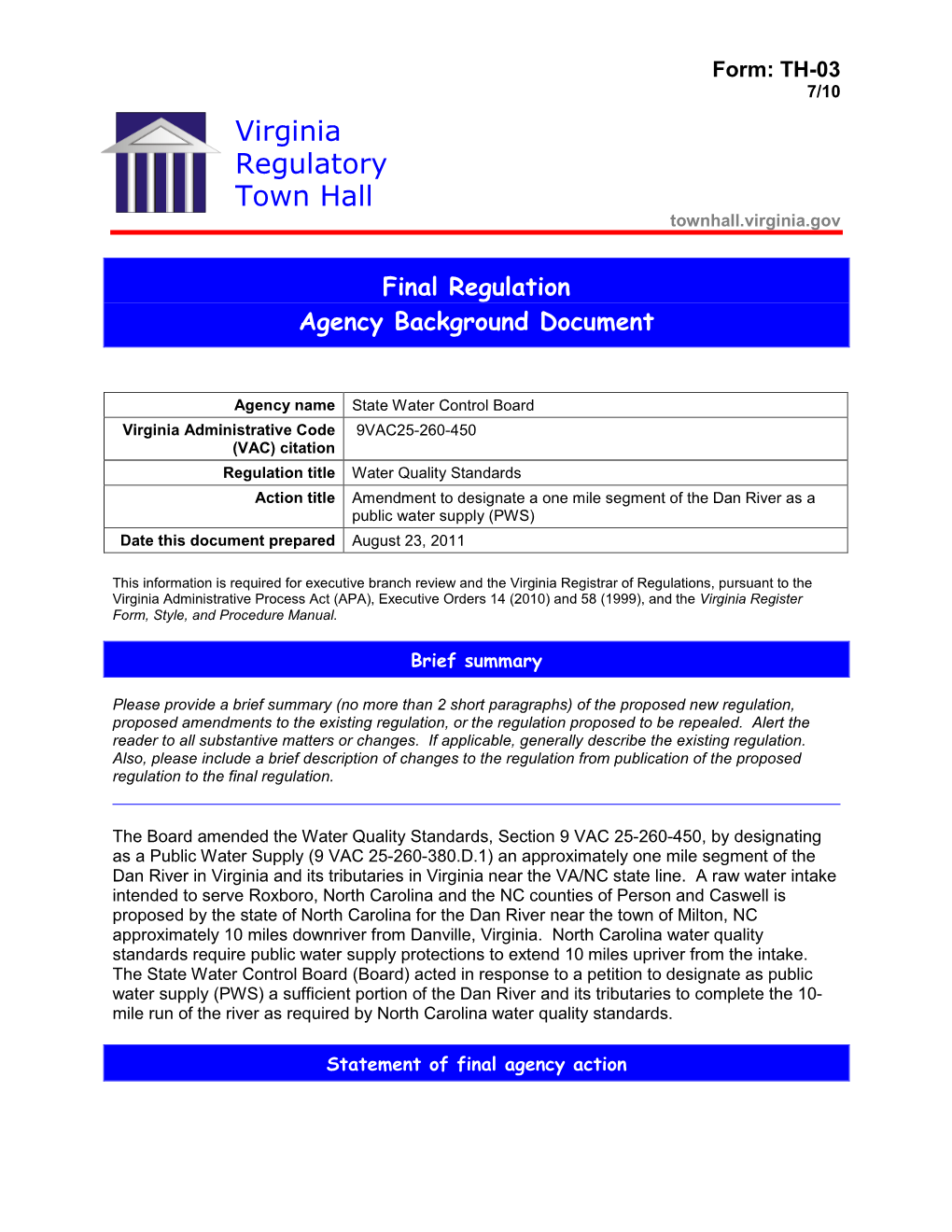 Agency Background Document