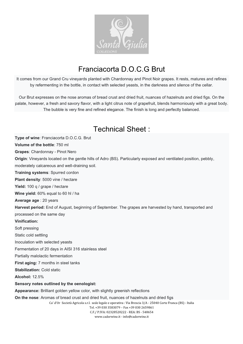 Franciacorta D.O.C.G Brut Technical Sheet