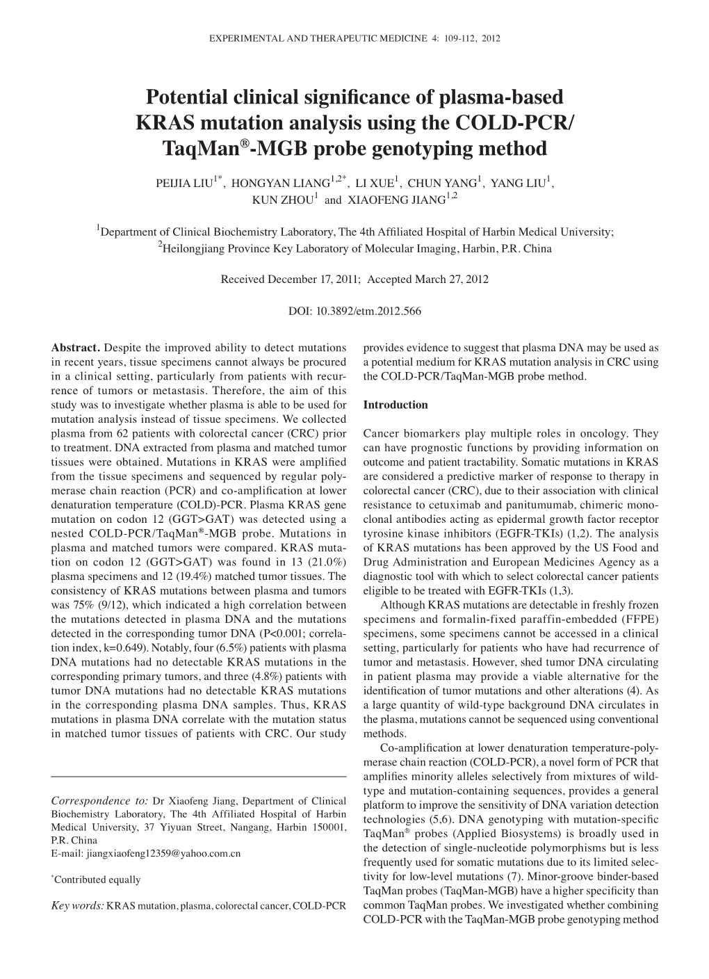 Potential Clinical Significance of Plasma-Based KRAS Mutation Analysis Using the COLD-PCR/ Taqman®-MGB Probe Genotyping Method