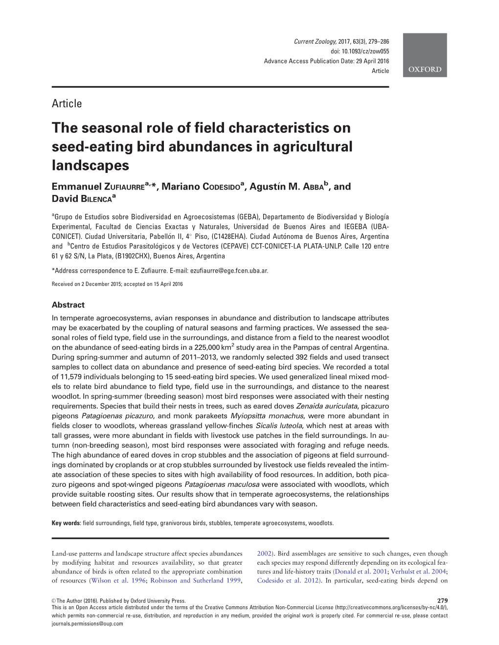The Seasonal Role of Field Characteristics on Seed-Eating Bird Abundances in Agricultural Landscapes