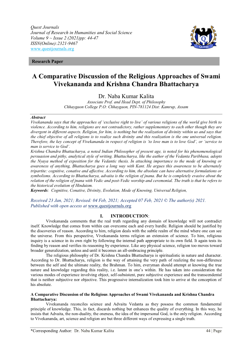 A Comparative Discussion of the Religious Approaches of Swami Vivekananda and Krishna Chandra Bhattacharya