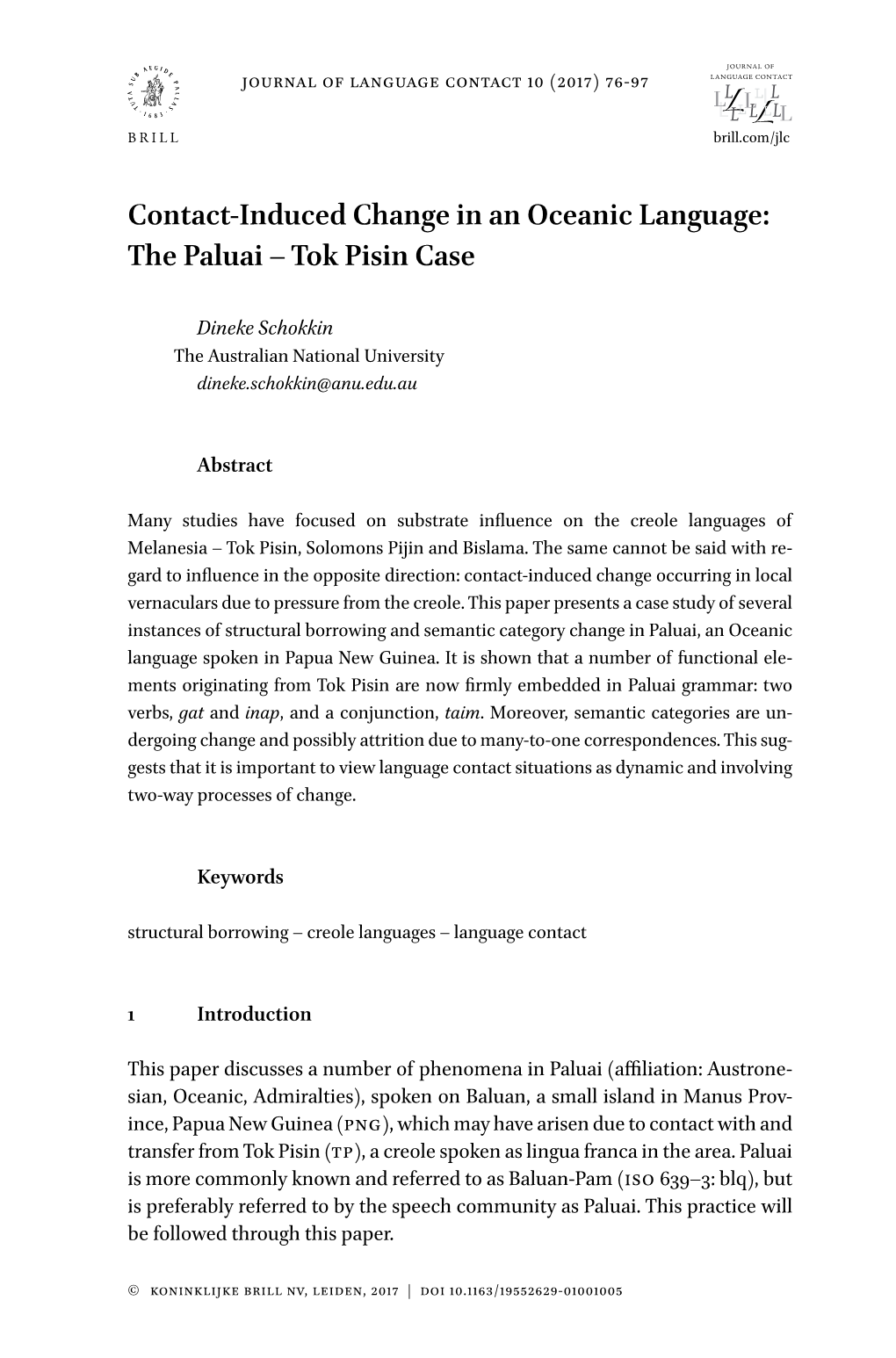 Contact-Induced Change in an Oceanic Language: the Paluai – Tok Pisin Case