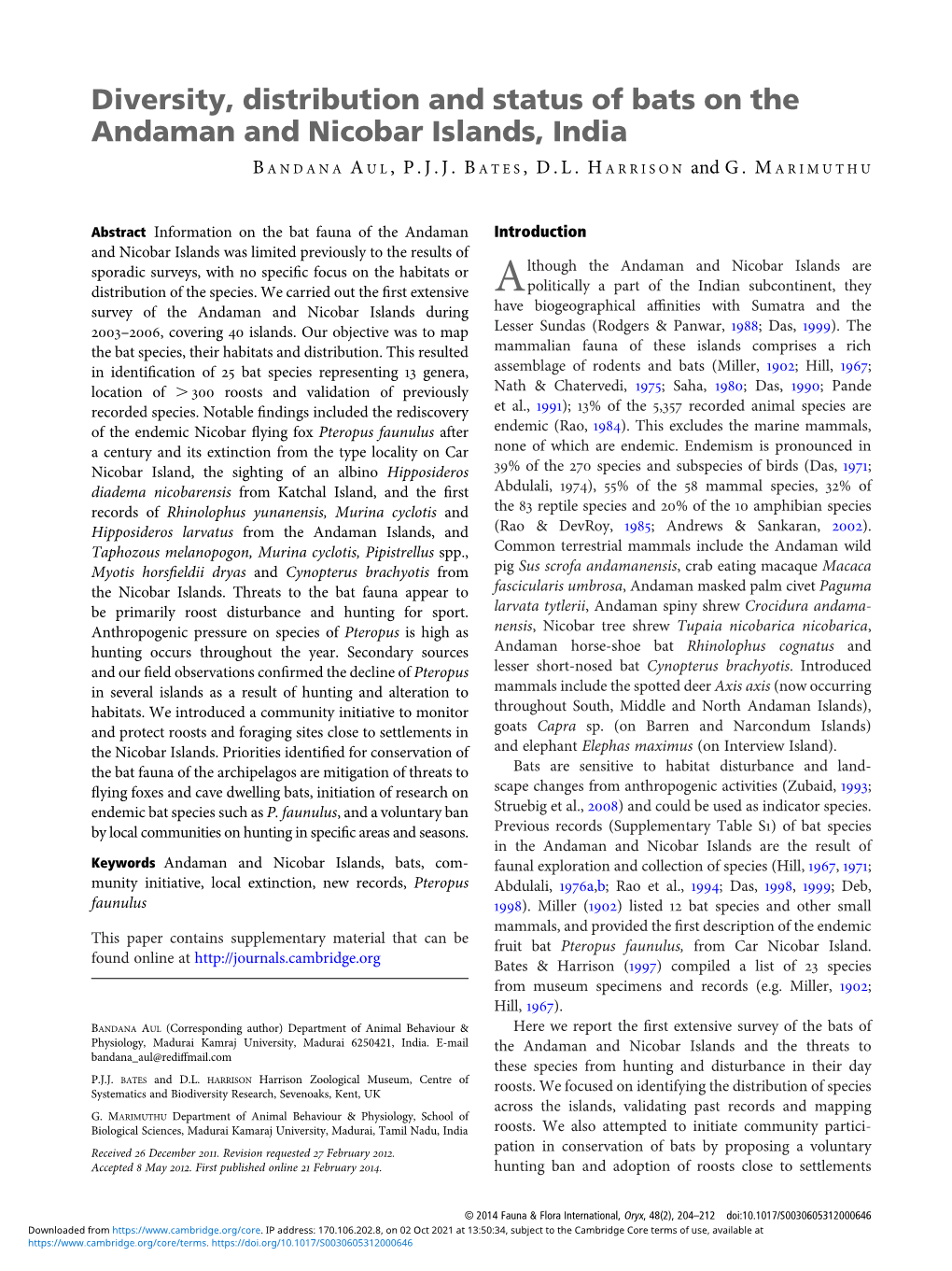 Diversity, Distribution and Status of Bats on the Andaman and Nicobar Islands, India