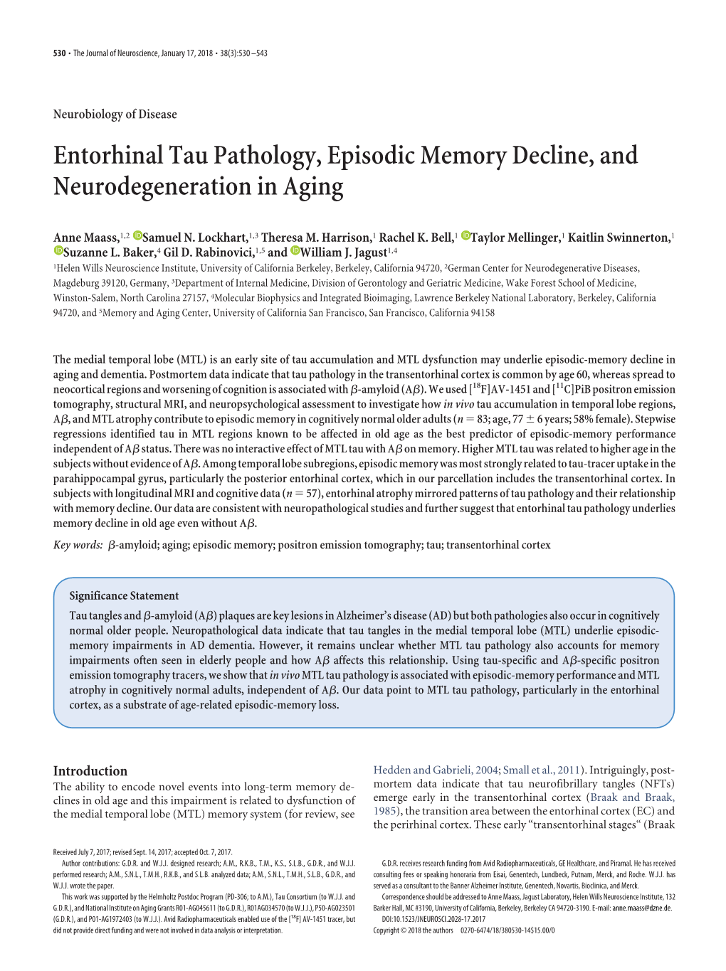 Entorhinal Tau Pathology, Episodic Memory Decline, and Neurodegeneration in Aging