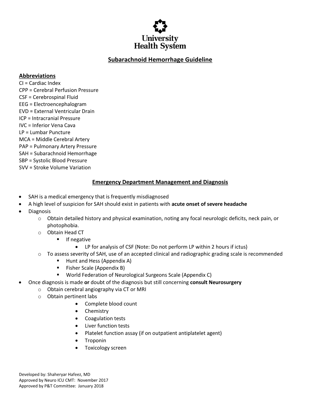 Subarachnoid Hemorrhage Guideline