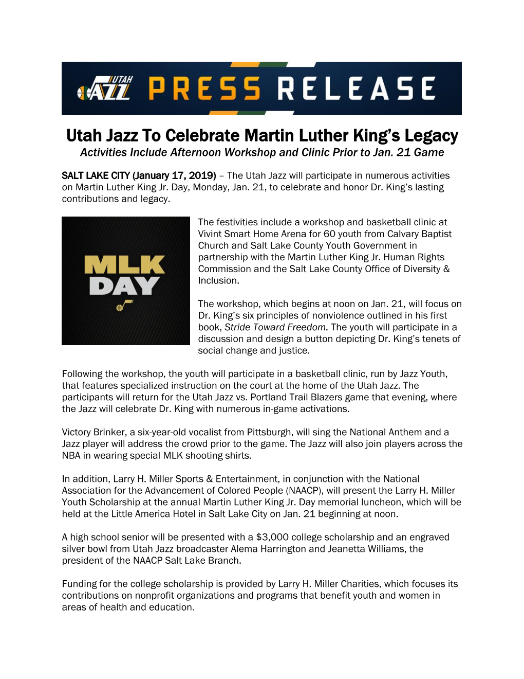 Utah Jazz to Celebrate Martin Luther King's Legacy