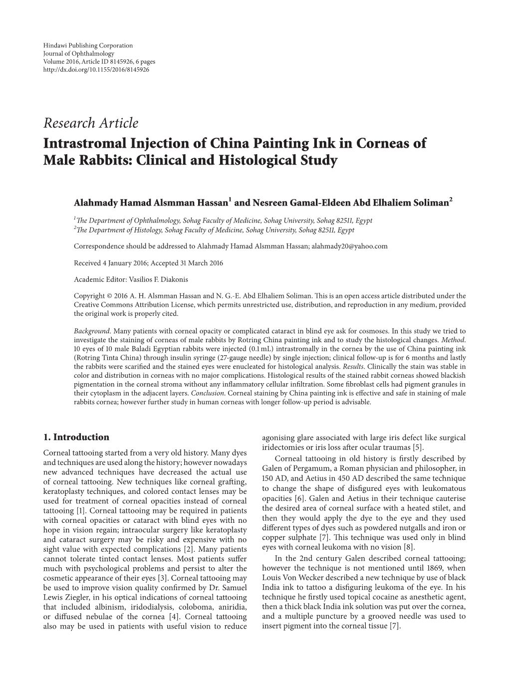 Intrastromal Injection of China Painting Ink in Corneas of Male Rabbits: Clinical and Histological Study