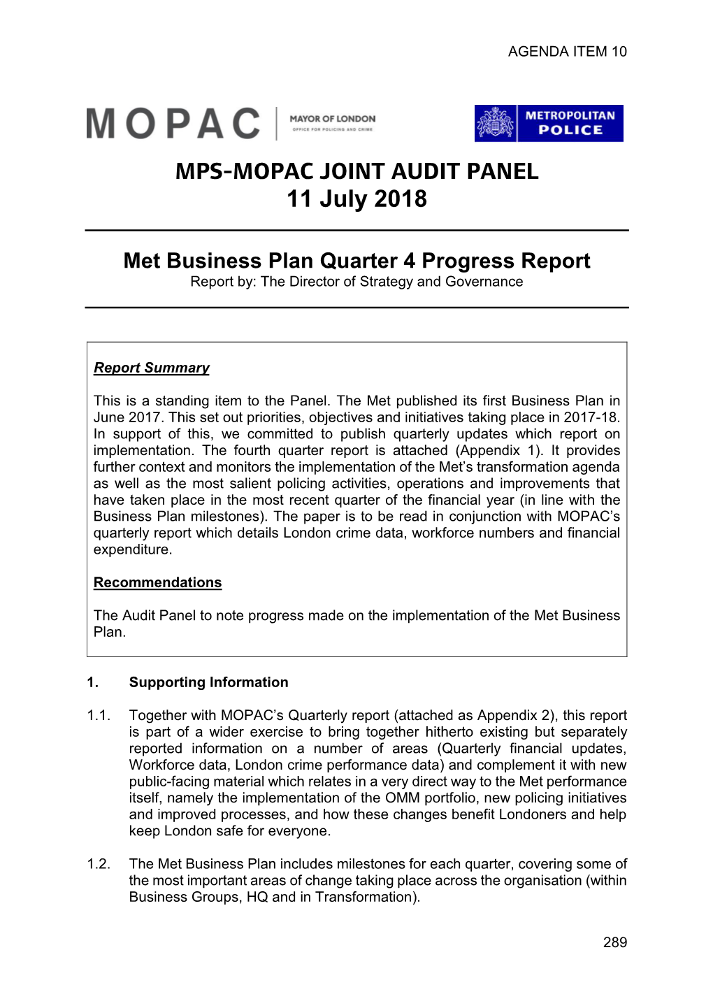 MPS-MOPAC JOINT AUDIT PANEL 11 July 2018