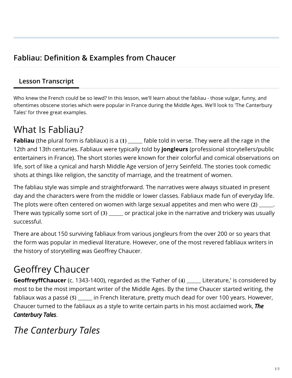 What Is Fabliau? Geo Rey Chaucer the Canterbury Tales