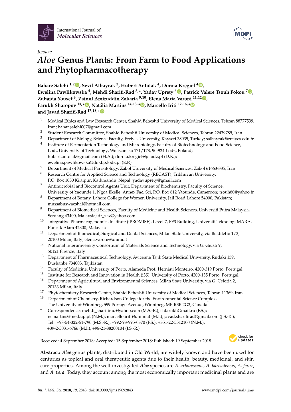 Aloe Genus Plants: from Farm to Food Applications and Phytopharmacotherapy