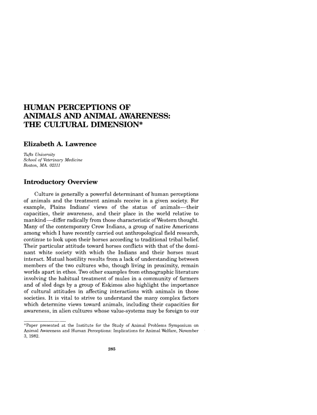 Human Perceptions of Animals and Animal Awareness: the Cultural Dimension*