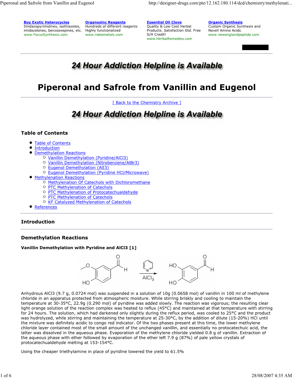 Piperonal and Safrole from Vanillin and Eugenol