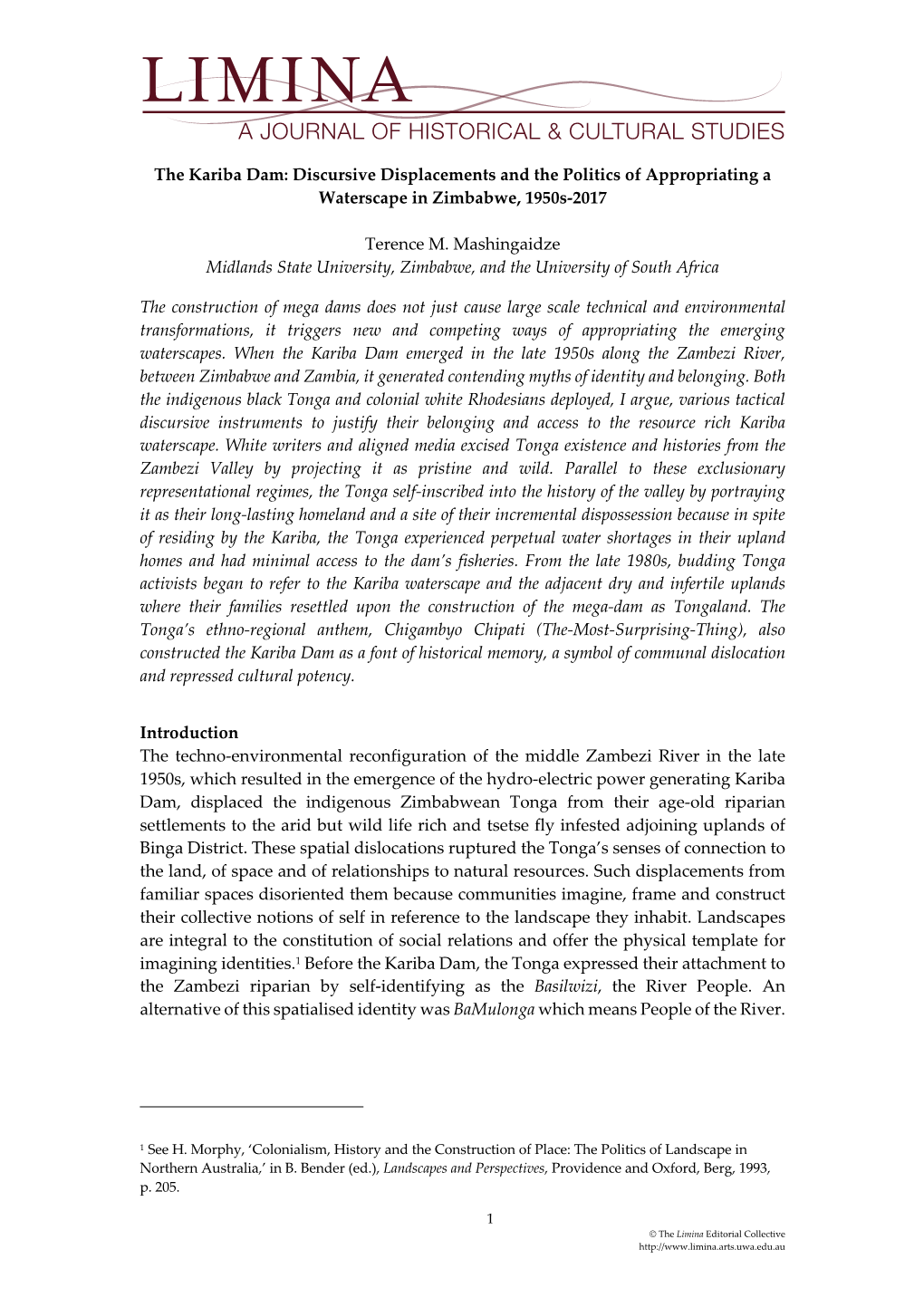 The Kariba Dam: Discursive Displacements and the Politics of Appropriating a Waterscape in Zimbabwe, 1950S-2017