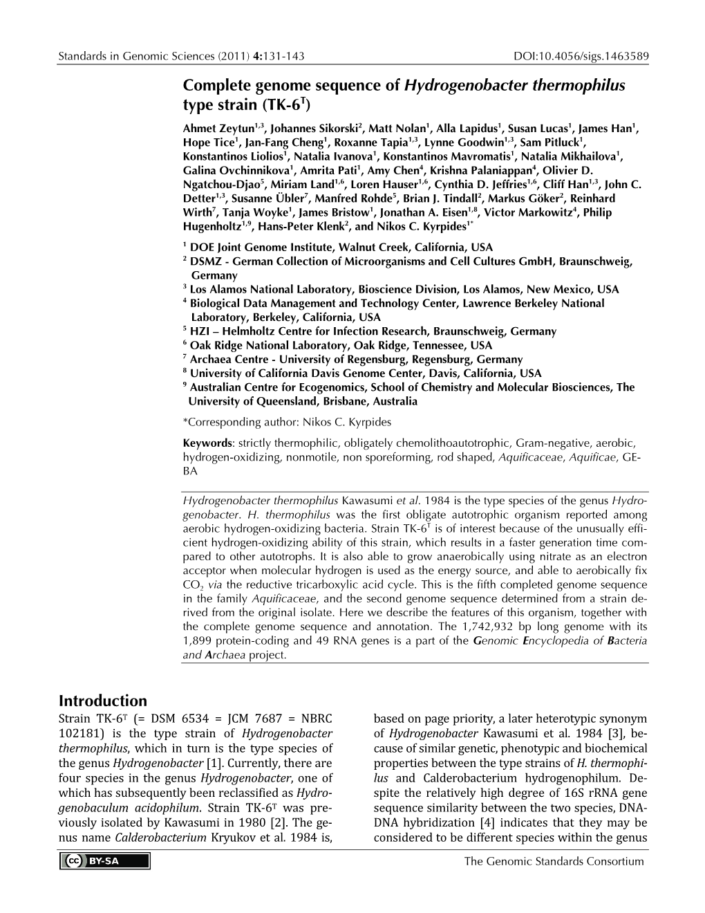 Hydrogenobacter Thermophilus Type Strain (TK-6T)