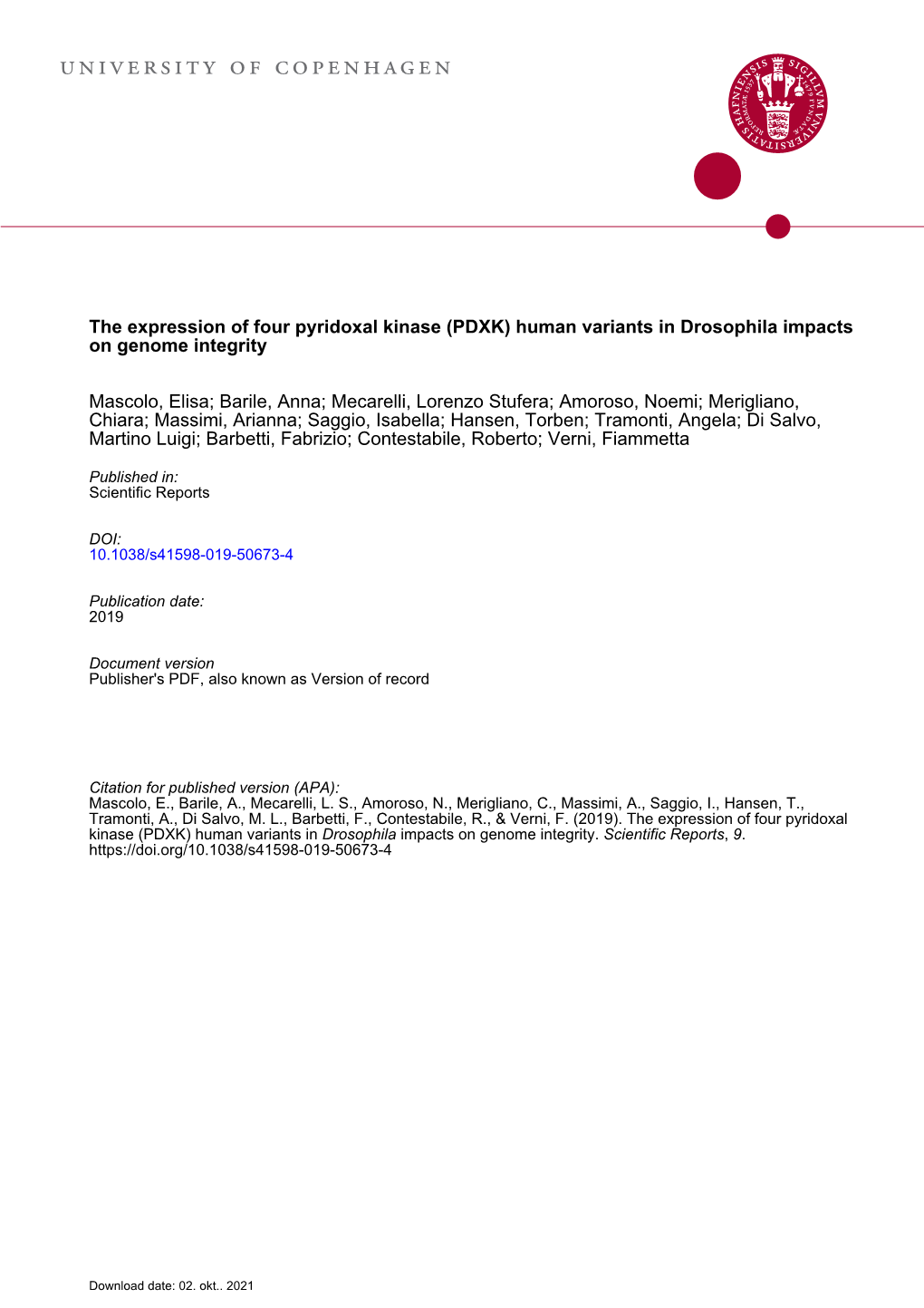 The Expression of Four Pyridoxal Kinase (PDXK) Human Variants in Drosophila Impacts on Genome Integrity