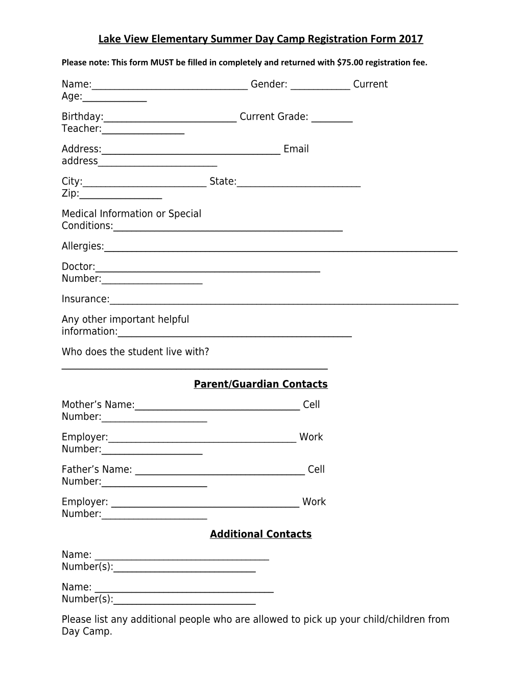 Lake View Elementary Summer Day Camp Registration Form 2017