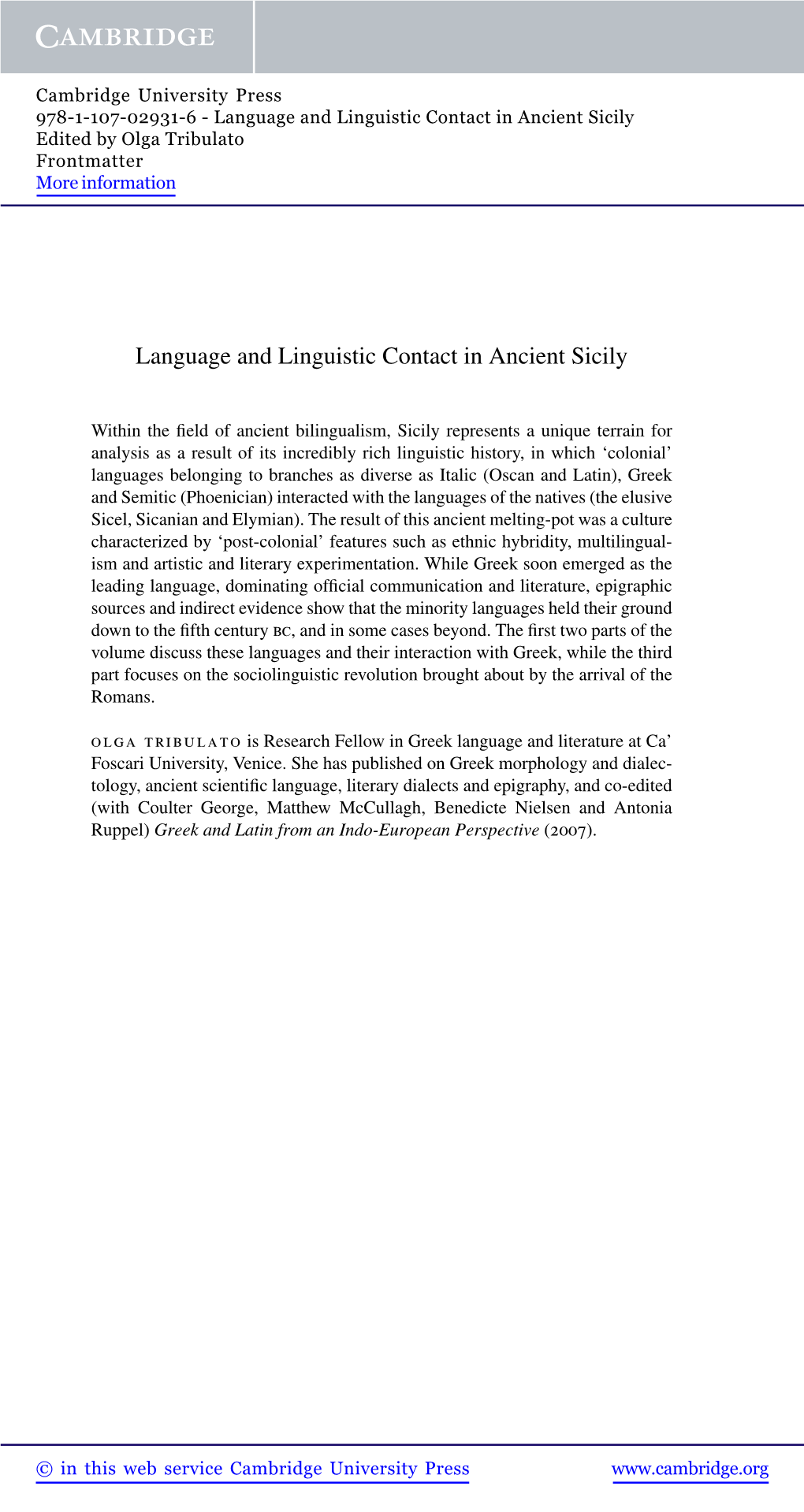 Language and Linguistic Contact in Ancient Sicily Edited by Olga Tribulato Frontmatter More Information