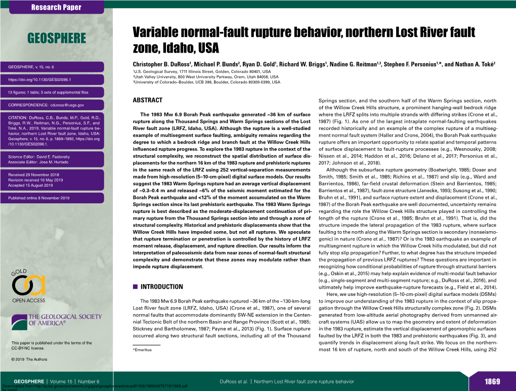 Variable Normal-Fault Rupture Behavior, Northern Lost River Fault Zone, Idaho, USA GEOSPHERE