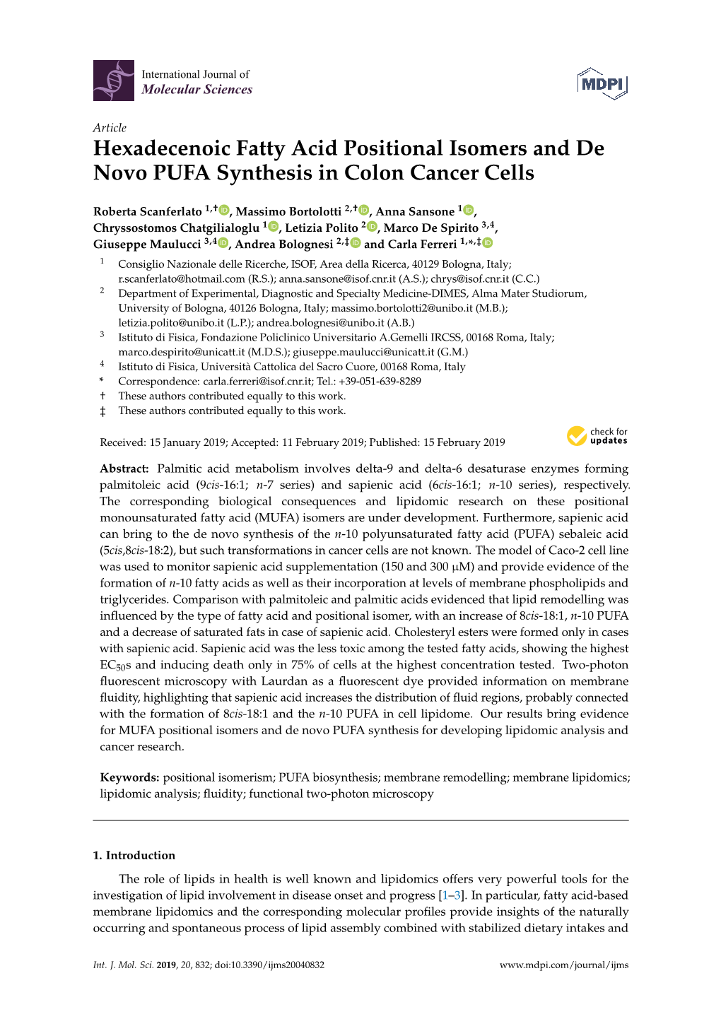 Hexadecenoic Fatty Acid Positional Isomers and De Novo PUFA Synthesis in Colon Cancer Cells