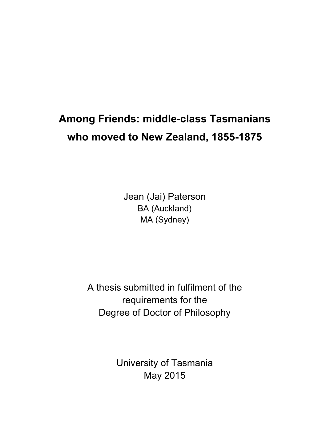 Middle-Class Tasmanians Who Moved to New Zealand, 1855-1875