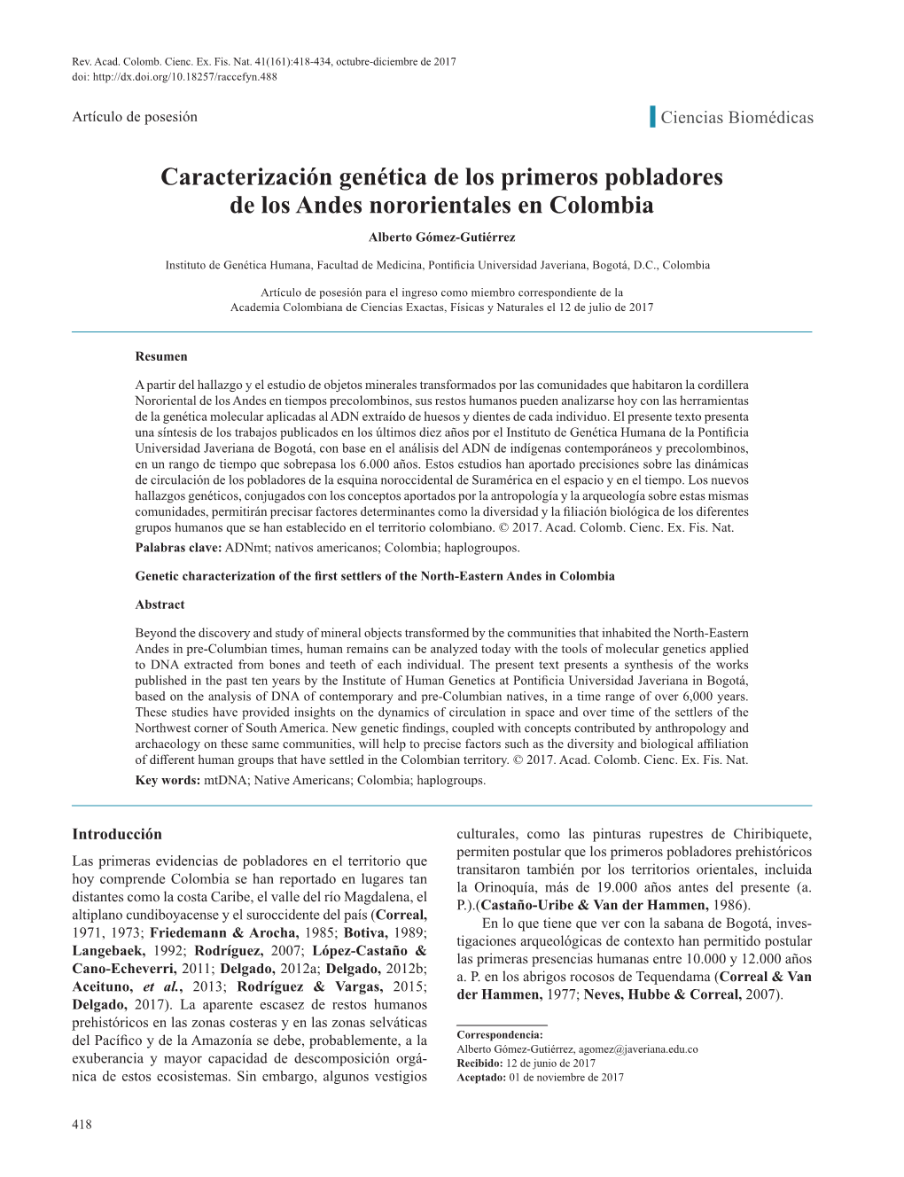 Caracterización Genética De Los Primeros Pobladores De Los Andes Nororientales En Colombia Alberto Gómez-Gutiérrez