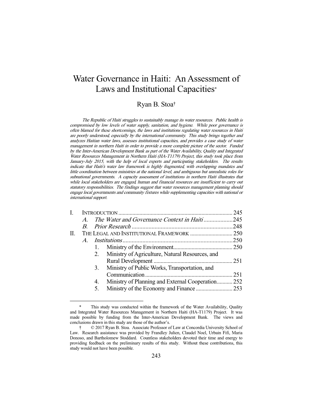 Water Governance in Haiti: an Assessment of Laws and Institutional Capacities*