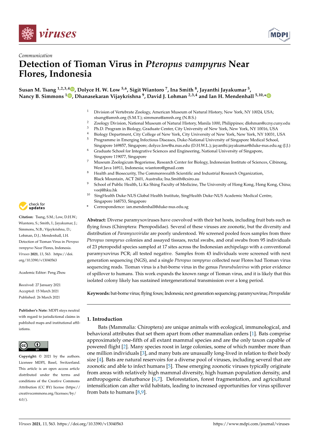 Detection of Tioman Virus in Pteropus Vampyrus Near Flores, Indonesia