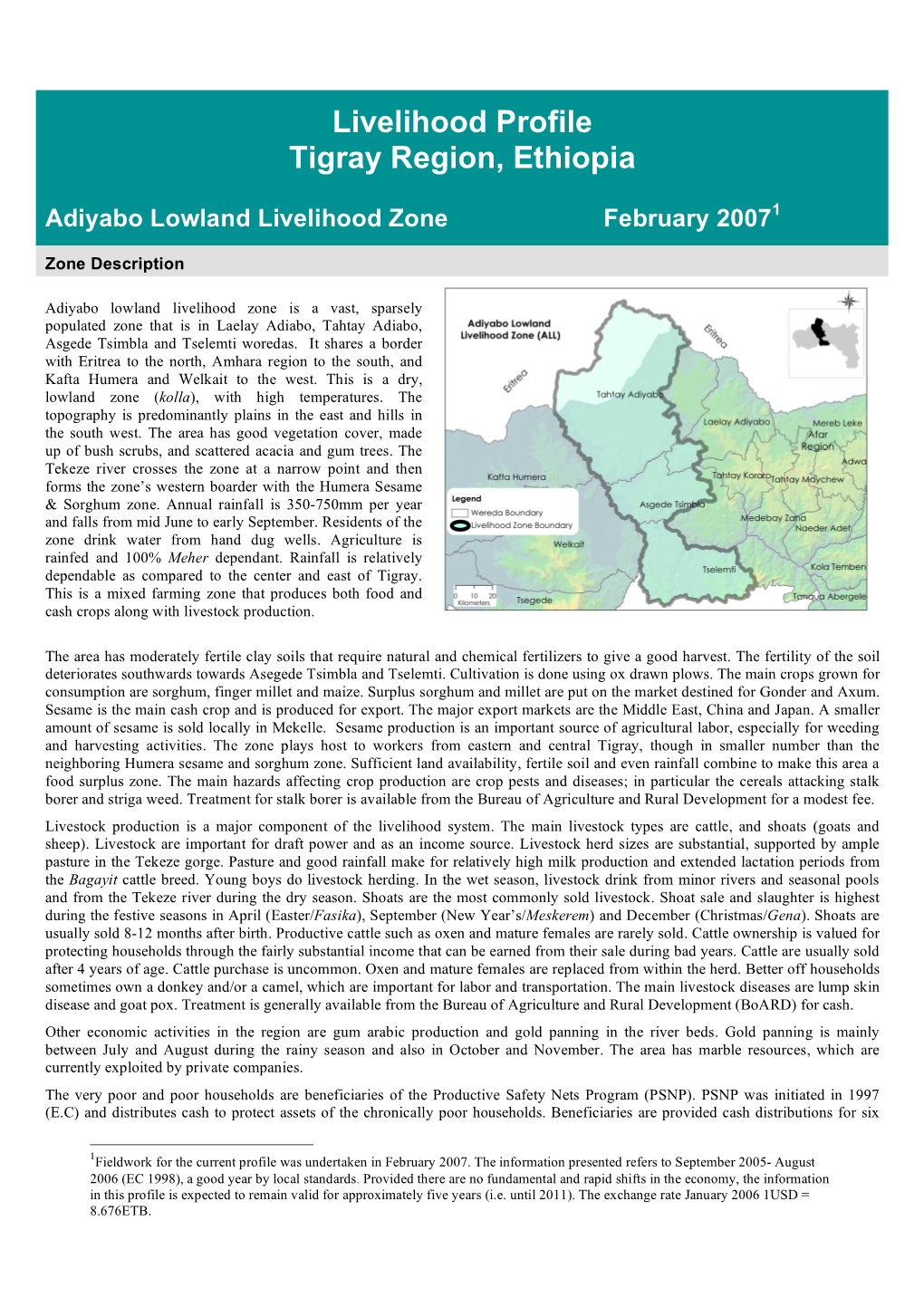 Livelihood Profile Tigray Region, Ethiopia