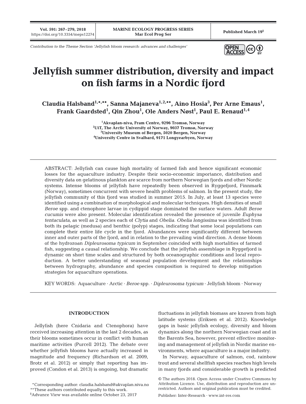 Jellyfish Summer Distribution, Diversity and Impact on Fish Farms in a Nordic Fjord