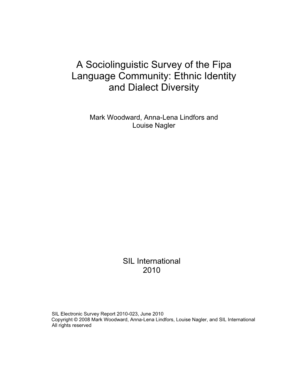 A Sociolinguistic Survey of the Fipa Language Community: Ethnic Identity
