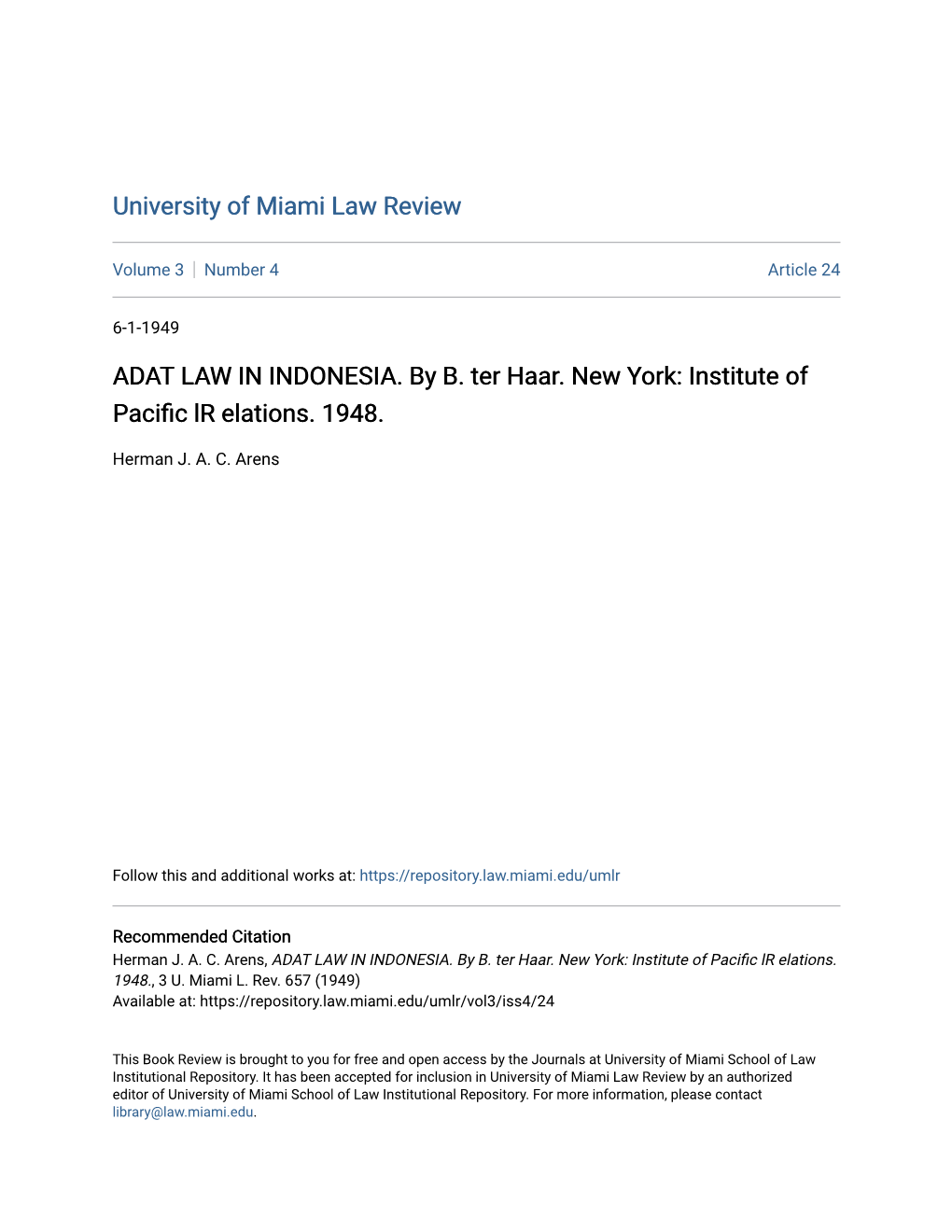 ADAT LAW in INDONESIA. by B. Ter Haar. New York: Institute of Pacific Lr Elations