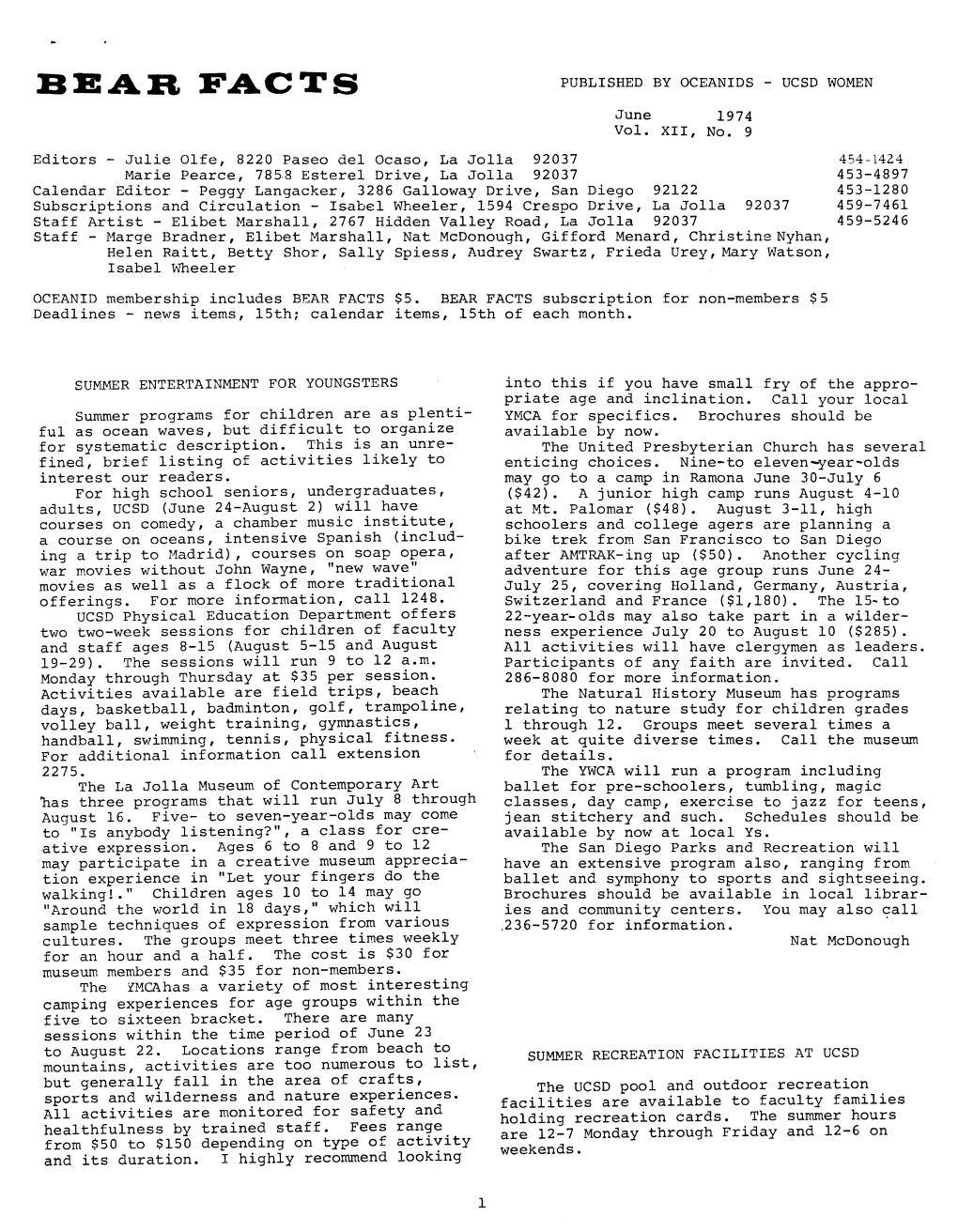 BBAB FACTS PUBLISHED by OCEANIDS - UCSD WOMEN June 1974 Vol