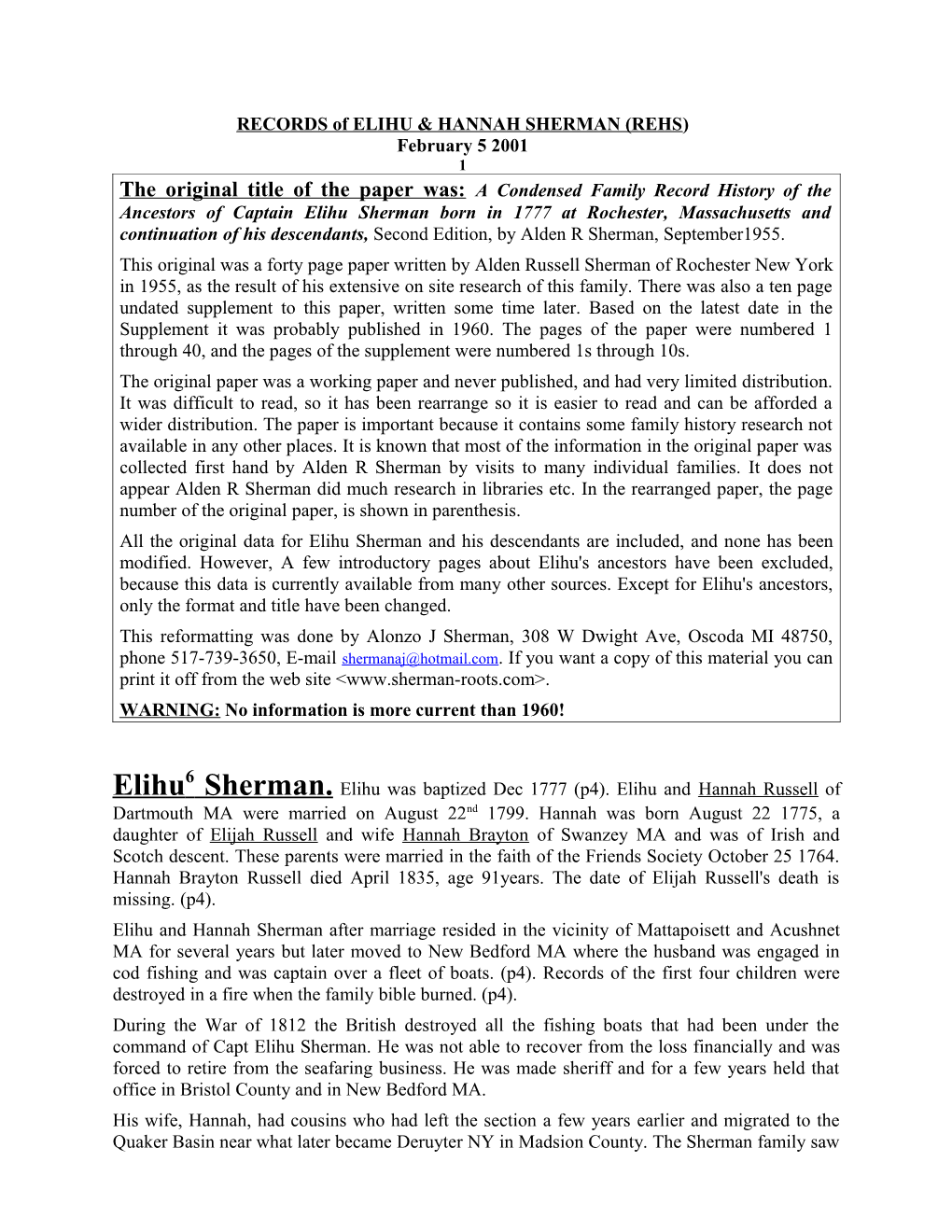 RECORDS of ELIHU & HANNA SHERMAN (REHS)